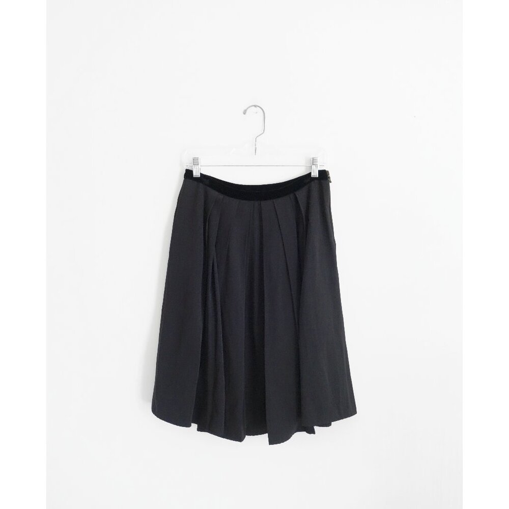 Vtg 00s Y2K Lanvin Black Wool Linen Twill Pleated Flare Full Midi Skirt FR 40 8